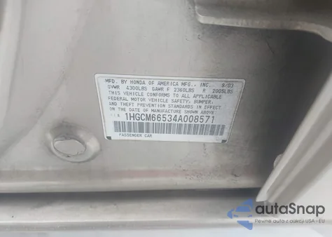 2004 Honda Accord 3.0 Ex z USA, uszkodzony, nr VIN 1HGCM66534A008571